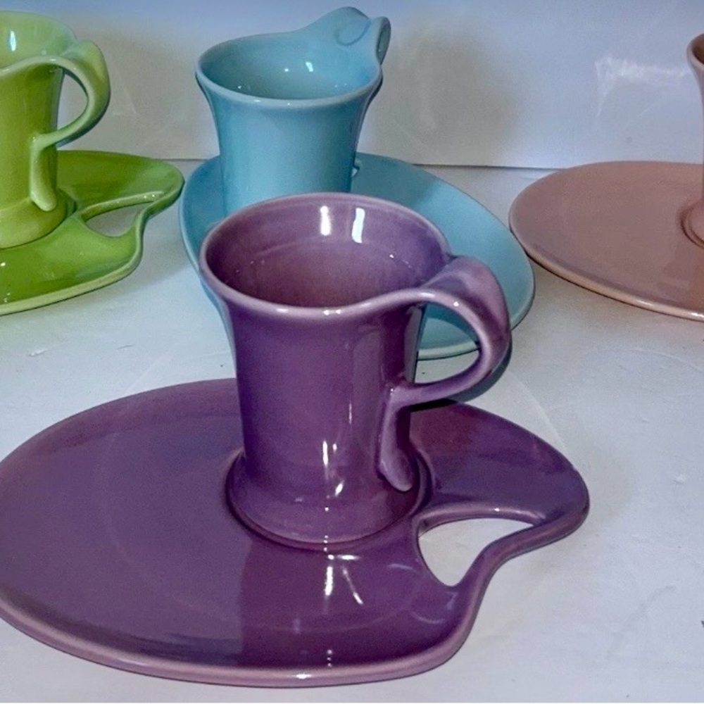 Ceramic Cup and Snack Plates Artist Palette Purple Pink Blue Green